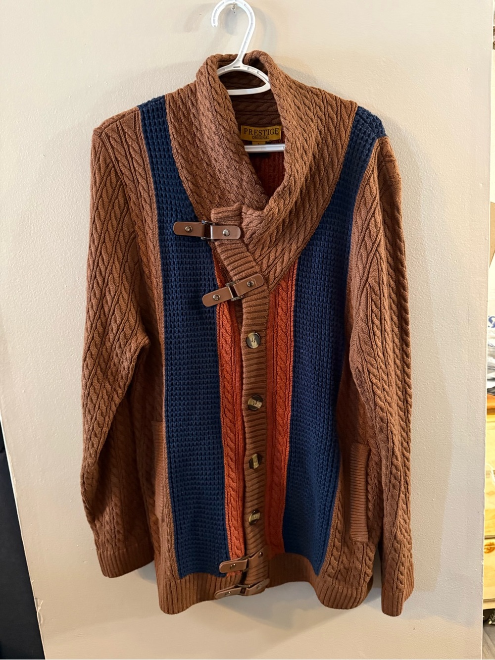 Prestige original Men's Shawl Collar Cable Knit Cardigan - Brown Navy Rust Ags